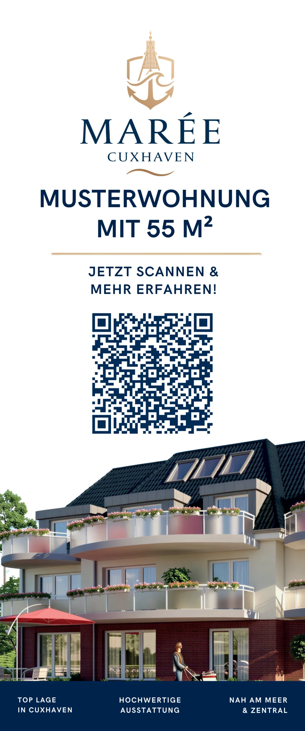 Marée Cuxhaven Display mit QR-Code und Projektvorteilen