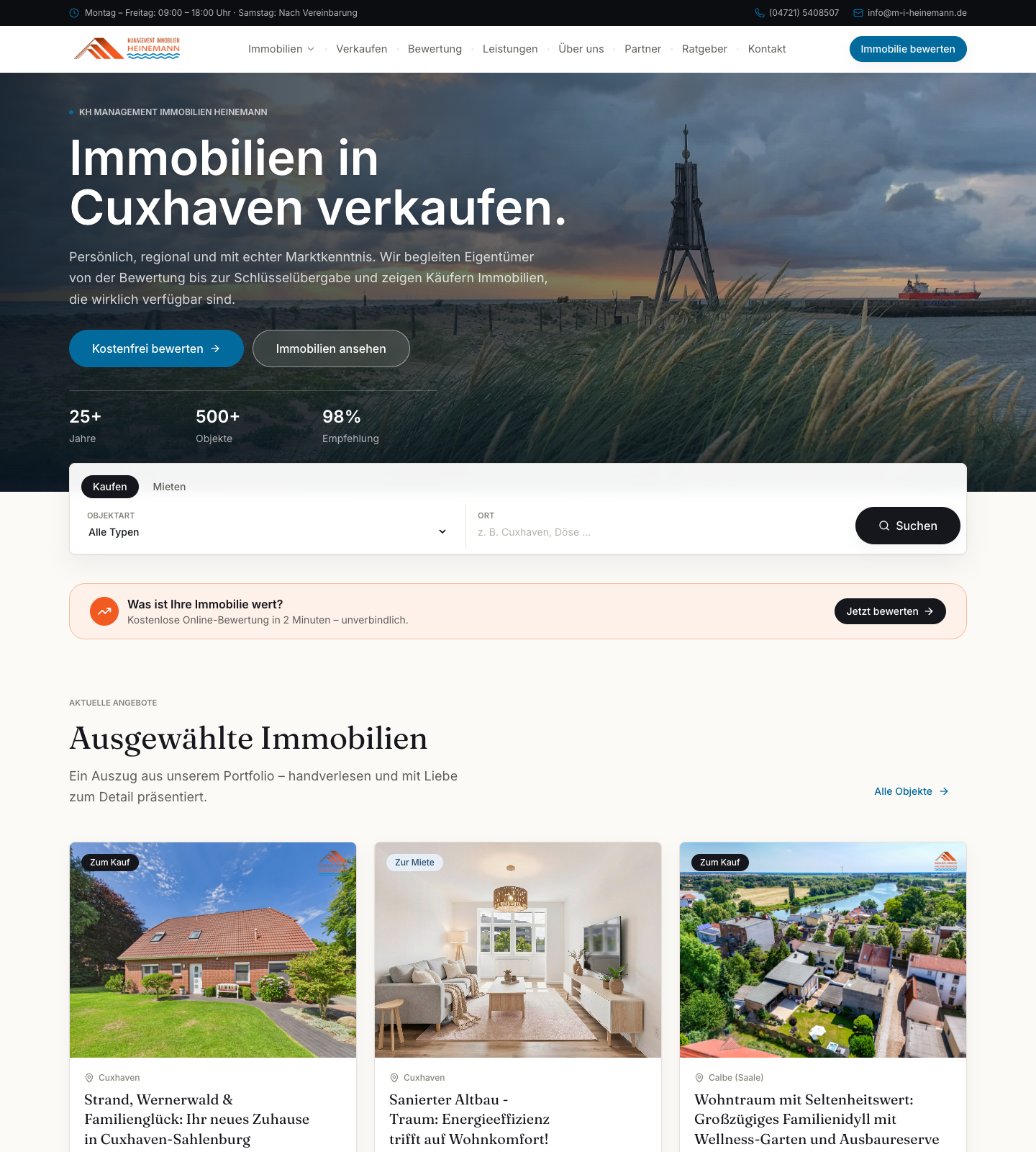 Die neue Website von Management Immobilien Heinemann – Desktop-Ansicht