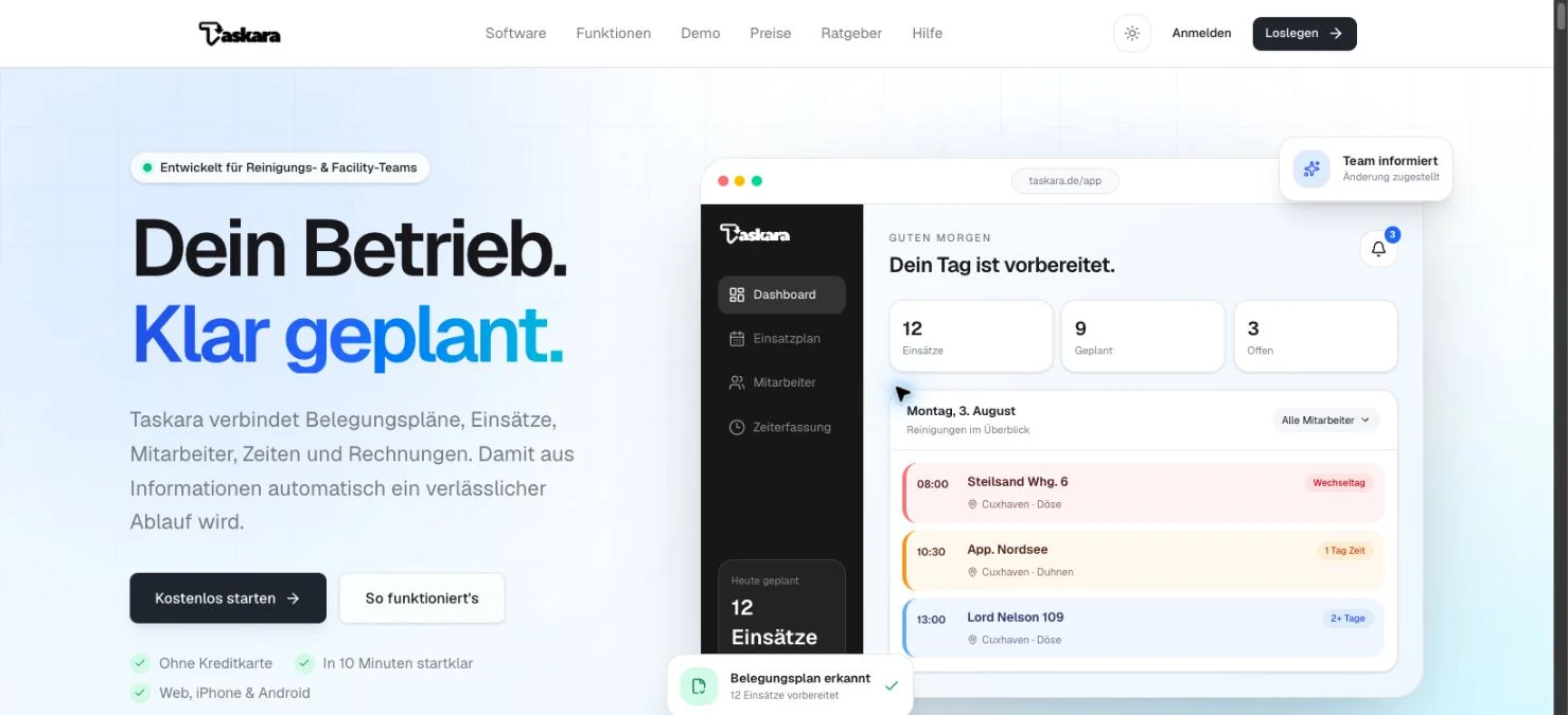 Website-Ansicht von Taskara